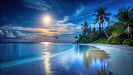 Peaceful evening on a tropical island beach with moonlight shining on the water , Tropical, island, evening, moon, beach