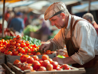 Wall Mural - Farmer Selling Fresh Tomatoes at Colorful Local Market Stall