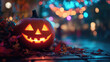 © ZattaVoga - jack o lantern halloween holiday orange pumpkin on the street in the dark background bokeh lights orange blue night decoration leaves on the ground pink