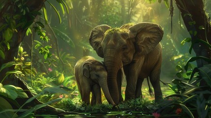 Poster - A mother elephant and her calf are exploring their vibrant rainforest habitat, surrounded by greenery and colorful flowers. Generative AI