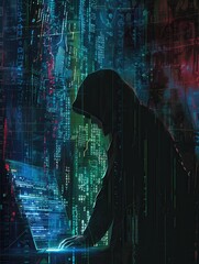Leinwandbilder - A silhouette of a hacker in a hoodie works intensely on a computer, immersed in vibrant streams of code illuminating the surroundings. Generative AI