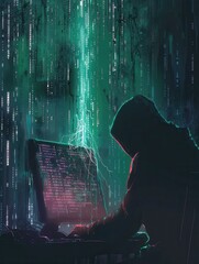 Leinwandbilder - A silhouette of a hooded figure works intently on a computer, a large screen ablaze with cascading lines of green and red code in a dimly lit environment. Generative AI