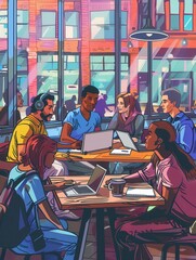 Aufkleber - Young entrepreneurs work together at a cafe, focused on laptops and discussions, surrounded by coffee cups and notebooks. Generative AI