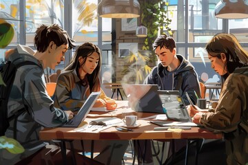 Poster - Young entrepreneurs work together at a cafe, surrounded by laptops and notebooks, sharing ideas over coffee in a vibrant atmosphere. Generative AI