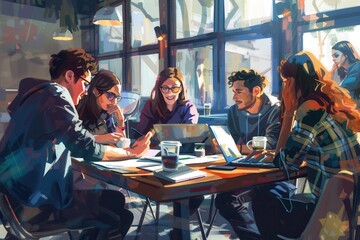 Poster - Young entrepreneurs gather at a cozy cafe, discussing ideas with laptops open, notebooks spread out, and coffee cups in hand, fostering creativity and collaboration. Generative AI