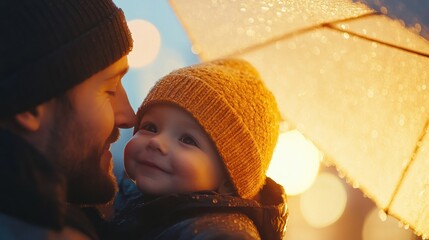 Parent and child sharing an umbrella in the rain