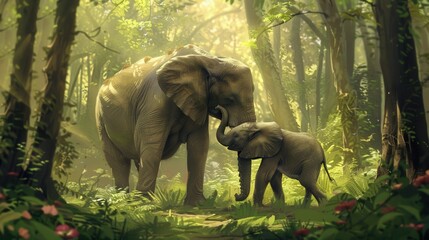 Aufkleber - A mother elephant affectionately interacts with her calf in a vibrant, sunlit forest filled with abundant greenery and colorful flowers. Generative AI