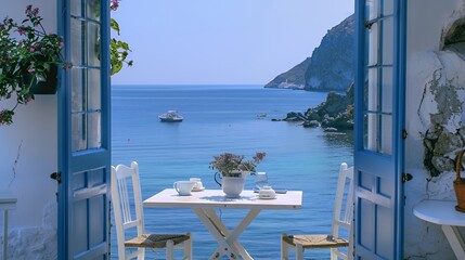 A white table with two chairs stands on a balcony overlooking a beautiful blue sea with a boat in the distance. The view is framed by two open blue doors.