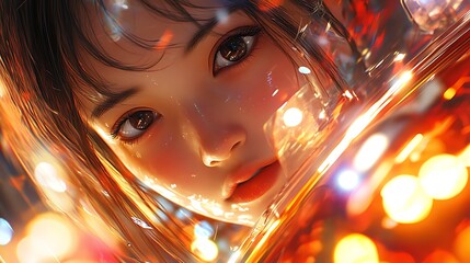 Wall Mural - Close-up of a woman's eye with a glowing, reflective surface in the foreground.