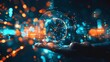 © Lush Diaries - A person holds a holographic clock with glowing icons, the concept of time management in a digital age.