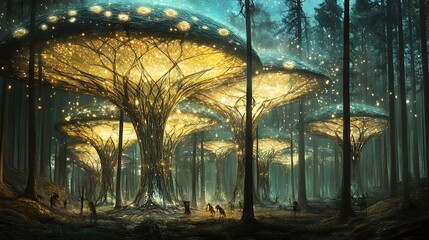 Wall Mural - Enchanting Forest with Glowing Mushroom Trees and Magical Creatures.