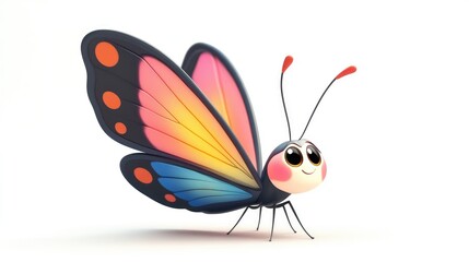 Cute cartoon butterfly with colorful wings and a smiling face, fluttering on a white background, 3D animation style