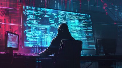 Leinwandbilder - A hacker in a hoodie types on a computer, with a large screen displaying streams of code in vibrant colors, immersed in the digital world. Generative AI