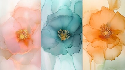 Wall Mural - Three stunning panels feature abstract translucent flowers in soft pastel hues, perfect for modern decor and bringing nature indoors