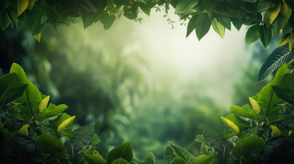 green leaf and green plant frame. world nature conservation day theme. blur jungle background