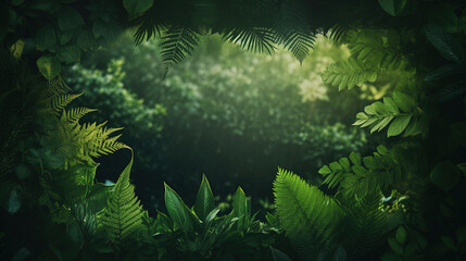 Wall Mural - green leaf and green plant frame. world nature conservation day theme. blur jungle background