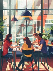Poster - Young entrepreneurs engage in brainstorming while surrounded by laptops, notebooks, and coffee in a vibrant cafe atmosphere. Generative AI