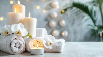 Poster - Aroma candles orchid and towel on white table Beauty spa and relaxation concept Copy space