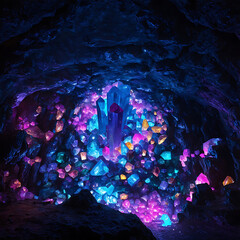 Wall Mural - 3D Crystal Cave Luminous Gemstones and Crystalline Formations with Radiant Glows in a Dark Cavern