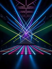 Wall Mural - 3D Empty Stage with Laser Light Show Colorful Laser Beams and Spotlights Crisscrossing Over a Dark, Reflective Stage