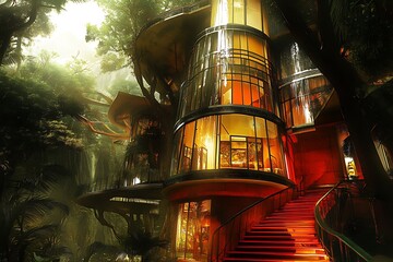 Wall Mural - Modern Treehouse with Red Stairs in Lush Jungle.