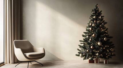 Wall Mural - A Christmas tree adorned with elegant minimalist decorations set against a modern stylish background