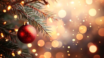 Wall Mural - A close-up of a Christmas tree branch with a red bauble and twinkling lights set against a warm festive background