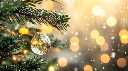 Wall Mural - A close-up of a Christmas tree branch with a delicate glass ornament and warm lights set against a festive background