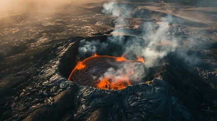 Aerial view of an active volcano with molten lava flowing and smoke rising from the crater.