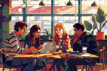 Poster - A group of young entrepreneurs works together at a trendy cafe surrounded by laptops, notebooks, and coffee cups, fully engaged in their project. Generative AI