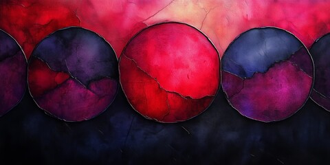 Wall Mural - Elegant Overlapping Circles in Jet Black and Crimson Watercolor, generative ai