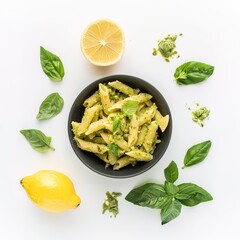 Wall Mural - Top View of Lemon, Basil, and Mint Pesto Pasta on a White Background. Fresh and Flavorful Pasta Dish with a Zesty Lemon Basil Mint Sauce, Ideal for a Light and Refreshing Meal.