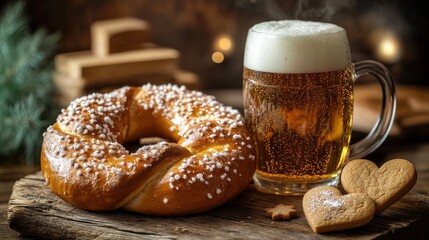 A close-up of a traditional Bavarian pretzel with a crispy golden-brown crust, accompanied by a frothy beer mug and a gingerbread heart cookie on a rustic wooden table