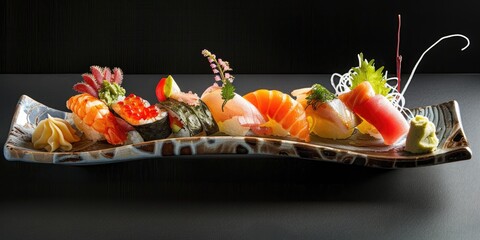 Wall Mural - Exquisite Gourmet Presentation of Elegant Sushi Platter with Fresh Seafood and Rolls in a Fine Dining Setting Showcasing Japanese Culinary Art and Ginger