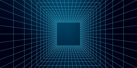 Wall Mural - futuristic abstract 3d portal design with a blue grid pattern. tech-inspired wireframe tunnel with n