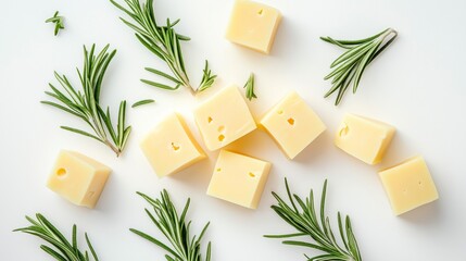 Wall Mural - Cubes of cheese arranged with fresh rosemary on a white surface.