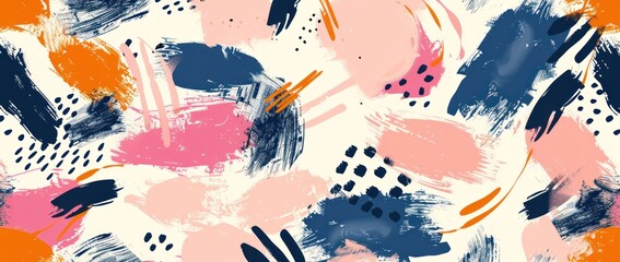 Wall Mural - Abstract painting with vibrant orange, blue, pink, and black brush strokes on a white background explores the beauty of color mixing and contrast