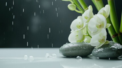 Elegant white orchids and smooth stones with water droplets against a dark background during a gentle rain.