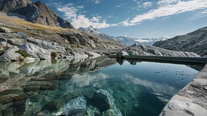 Sticker - Crystal clear water reflects sky and mountains in serene alpine pool, perfect for peaceful summer travel in switzerland. Breathtaking landscape with rocks, snow capped peaks, and transparent water