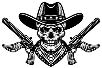 Poster - Cowboy bandit skull with crossed revolver vintage style illustration