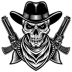 Poster - Cowboy bandit skull with crossed revolver vintage style illustration