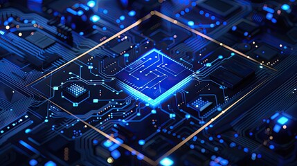 closeup of a circuit board with a glowing central processing unit