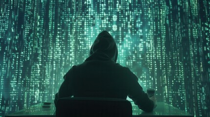 Leinwandbilder - A hacker in a hoodie focuses on a computer surrounded by a large screen displaying flowing green matrix code. Generative AI