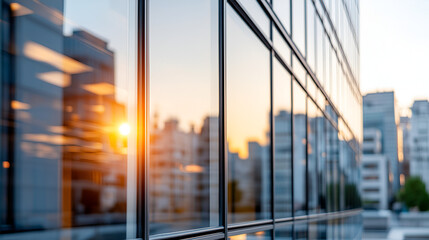 Wall Mural - Modern Glass Building Facade with Golden Sunset Reflection