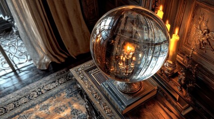 Antique Crystal Ball with Burning Candles on Carved Wooden Table