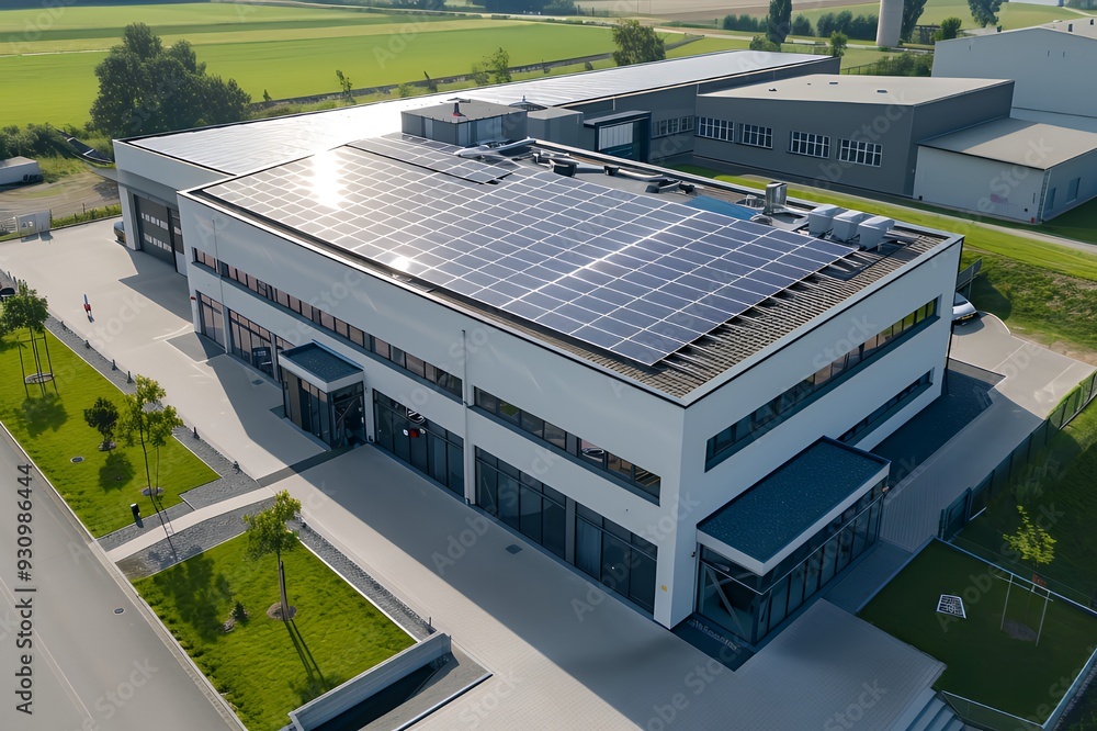 An aerial view of a modern industrial building with solar panels on the ...