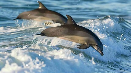 Poster - Dolphins exhibit intelligence and social behavior, often seen playing in ocean waves.