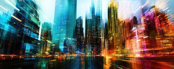 A vibrant cityscape showcasing modern skyscrapers illuminated with colorful lights, creating a dynamic urban atmosphere.