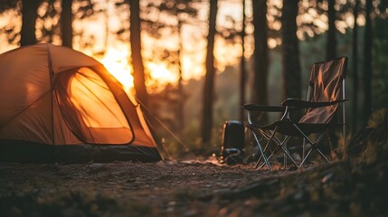cozy sunset campsite with a tent and camping chairs positioned near the edge of a serene forest bath