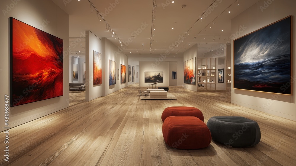 Modern Gallery Interior with Abstract Art and Wooden Floor Stock Photo ...